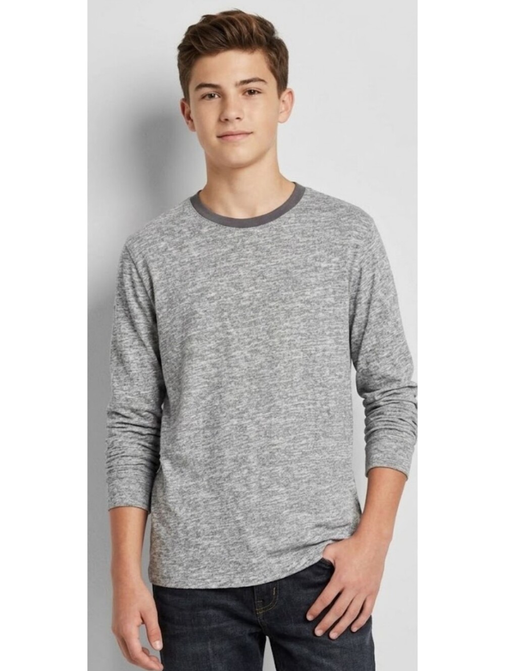 Cat & Jack Boy Husky Marled Heather Gray Long Sleeve Crewneck Top